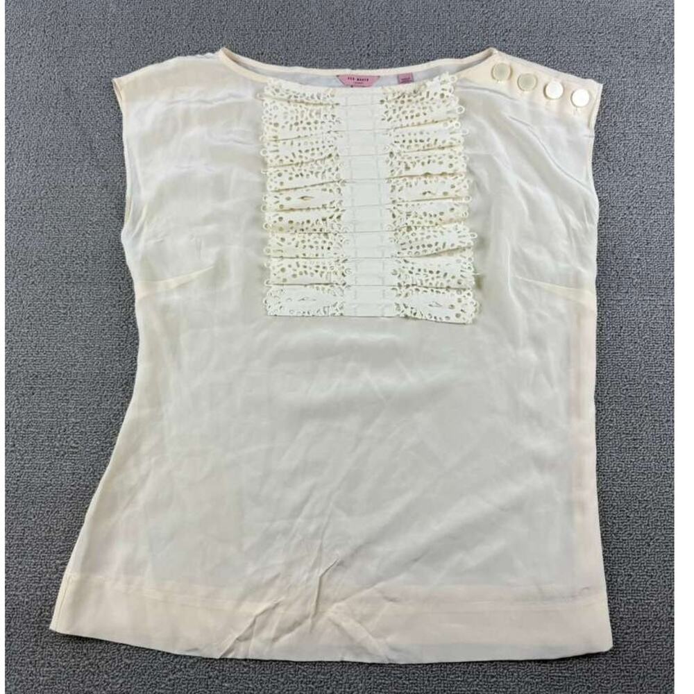 Ted Baker London Blouse Women 3 White Lace Bib Button Shoulder‎ Sleeveless Light